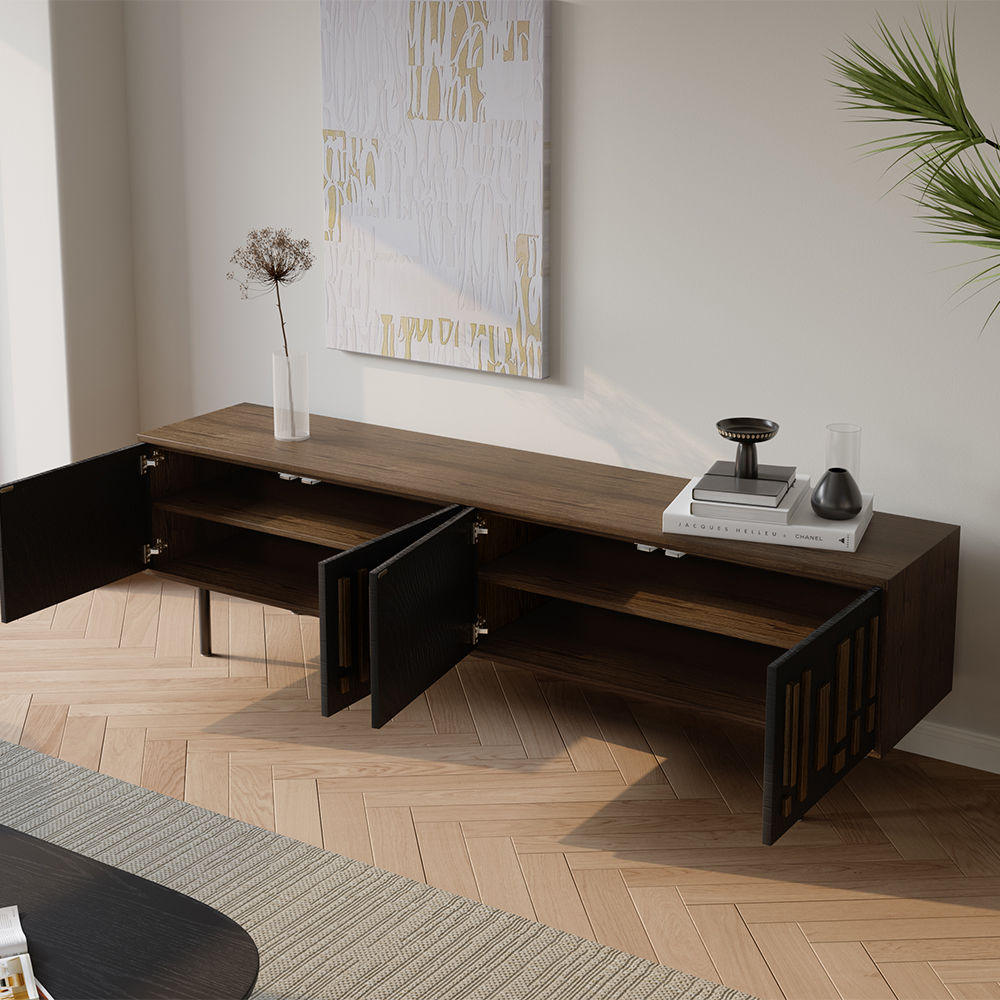 with Cabinets Smoky Solid Wood Veneer MDF TV Stands