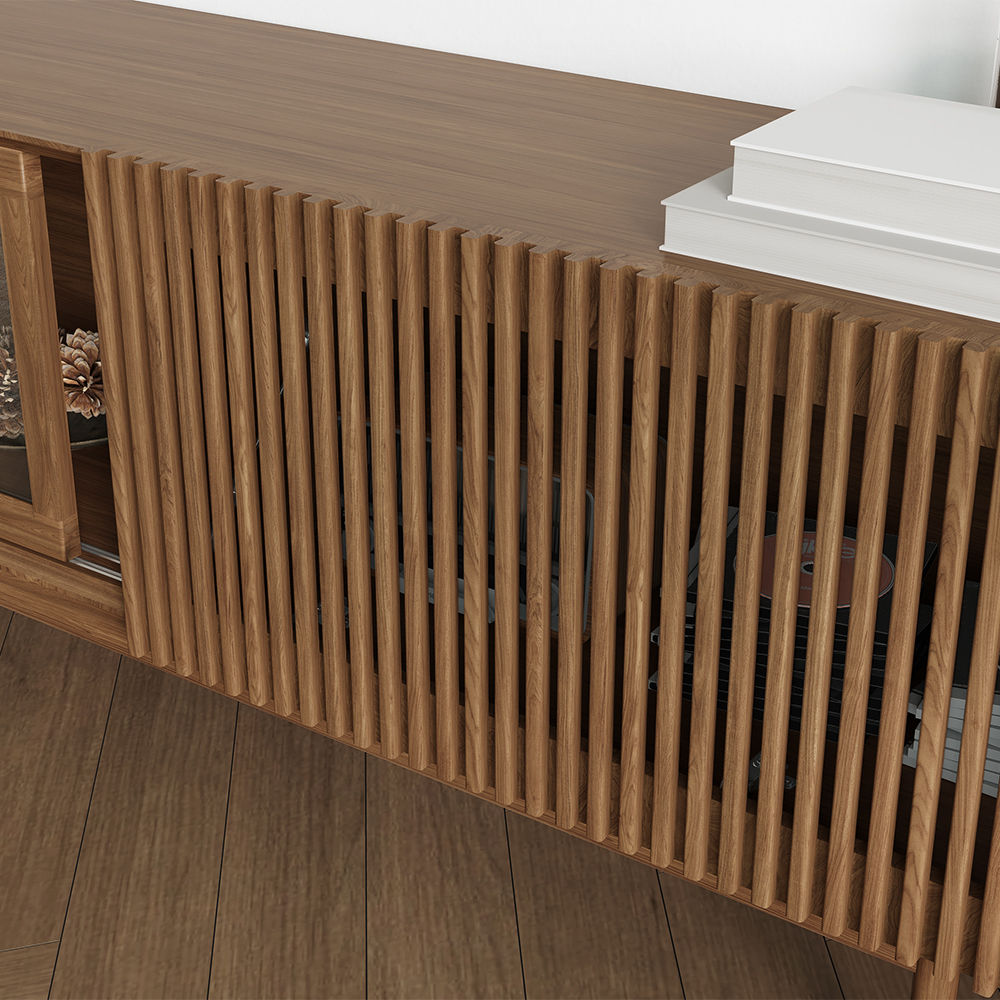 Slatted Design Dark Wood Plywood TV Stands
