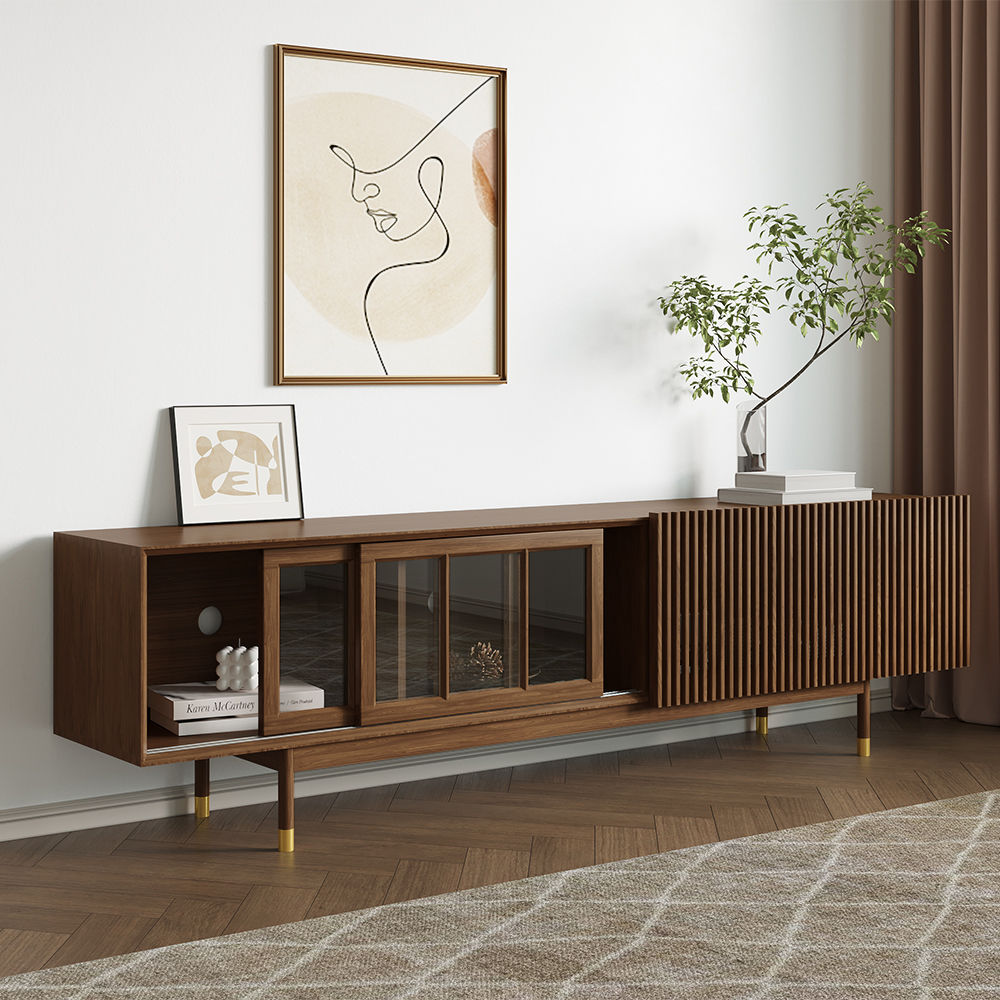 Slatted Design Dark Wood Plywood TV Stands