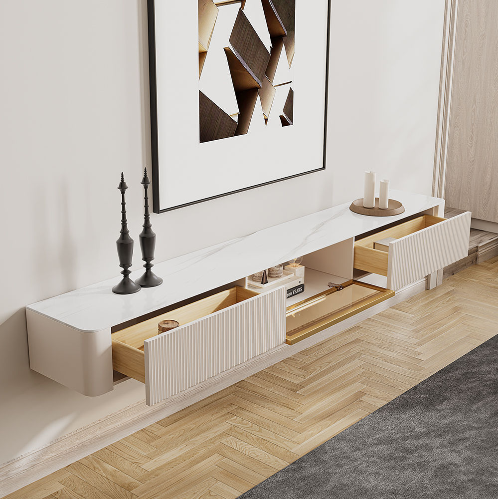 Floating White Glossy Sintered Stone TV Stands