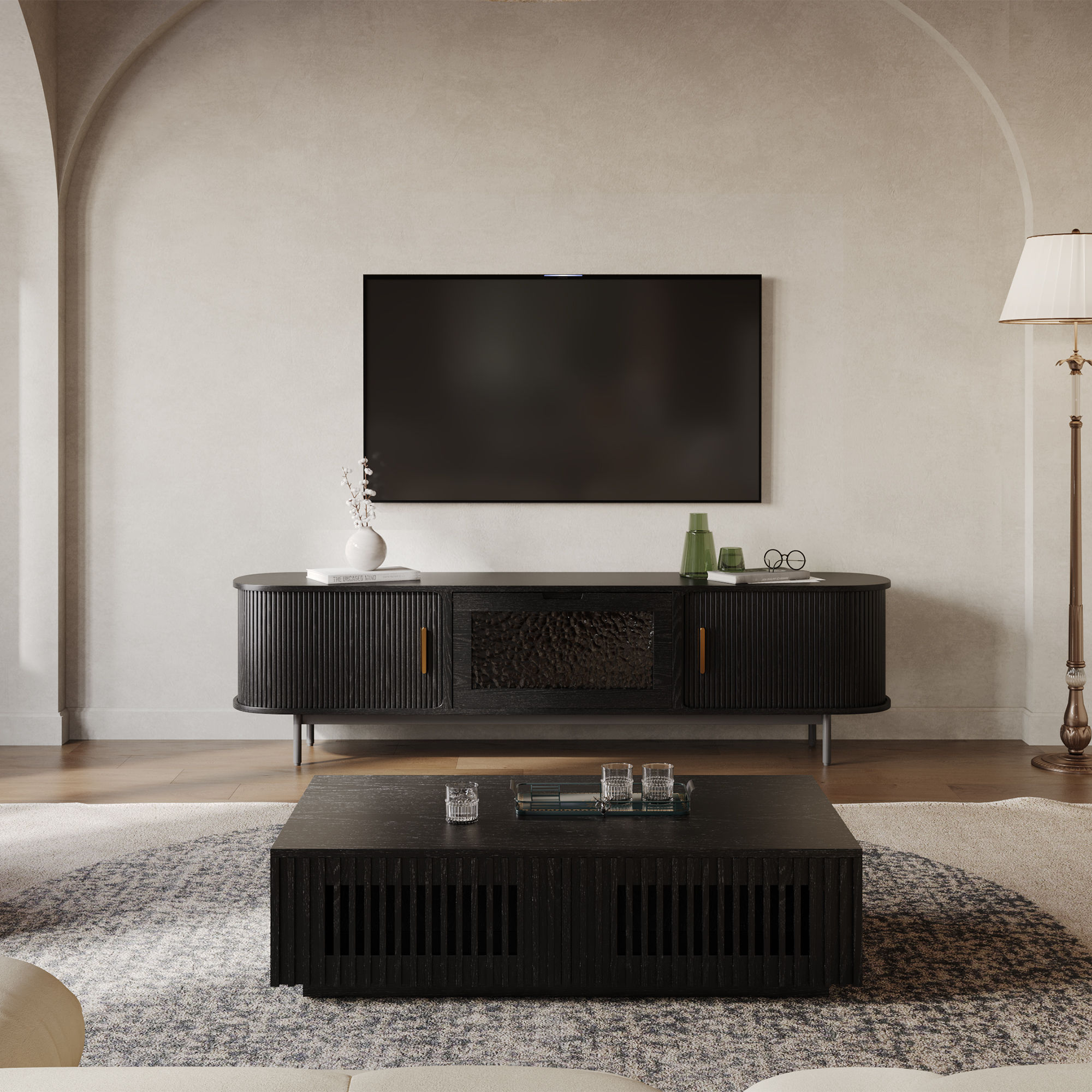 Slatted Design Black MDF TV Stands