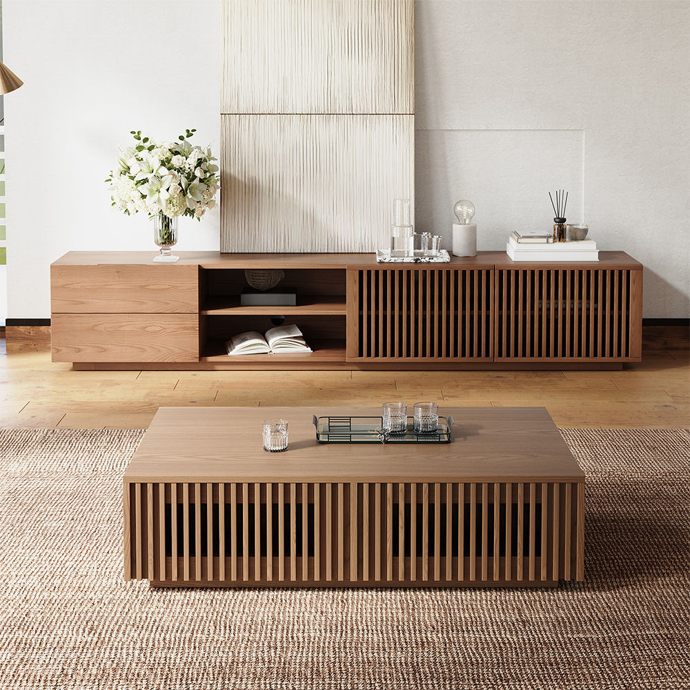 Slatted Design Walnut Color Plywood TV Stands