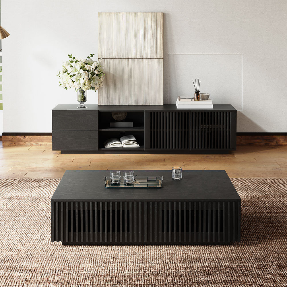 Slatted Design Black Plywood TV Stands