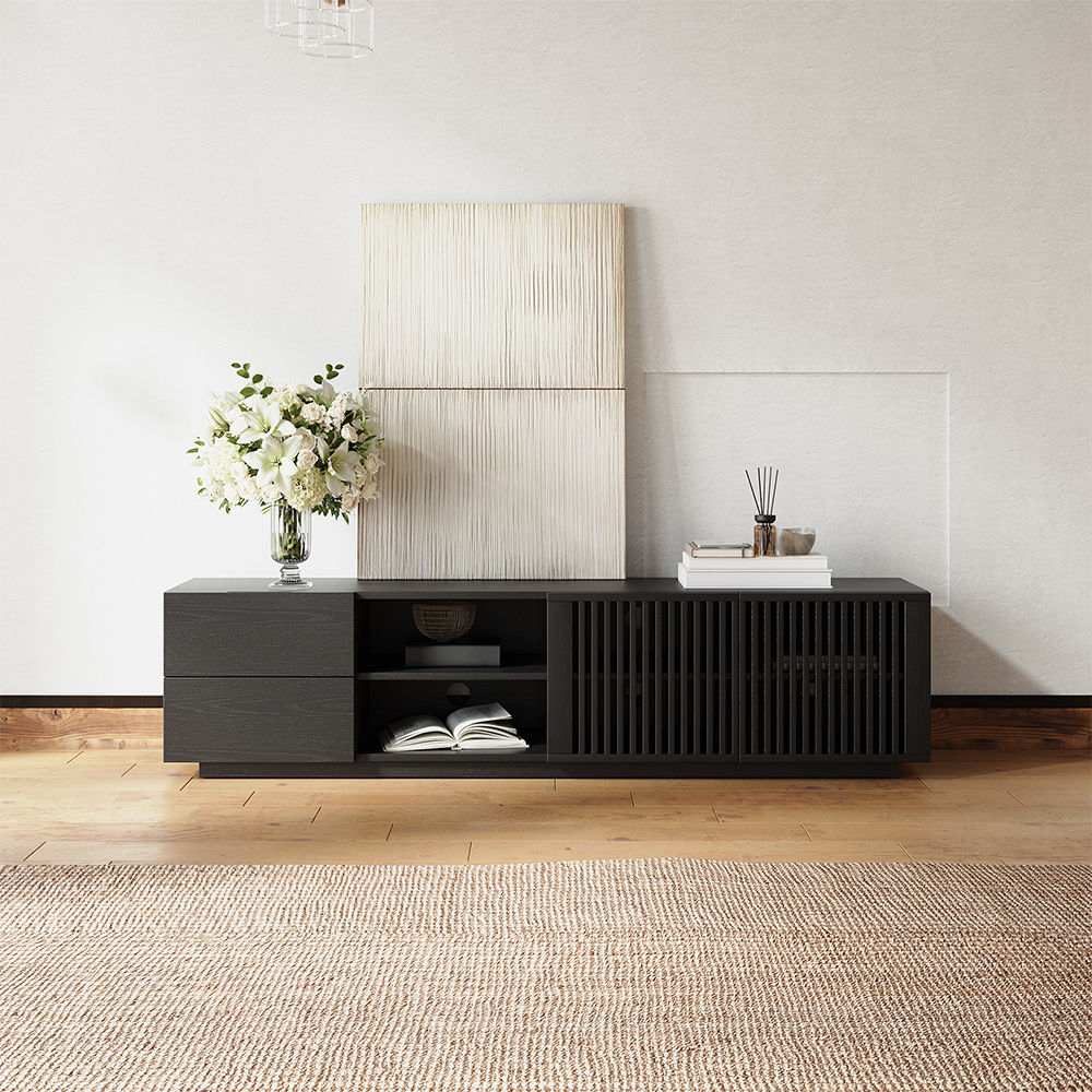 Slatted Design Black Plywood TV Stands