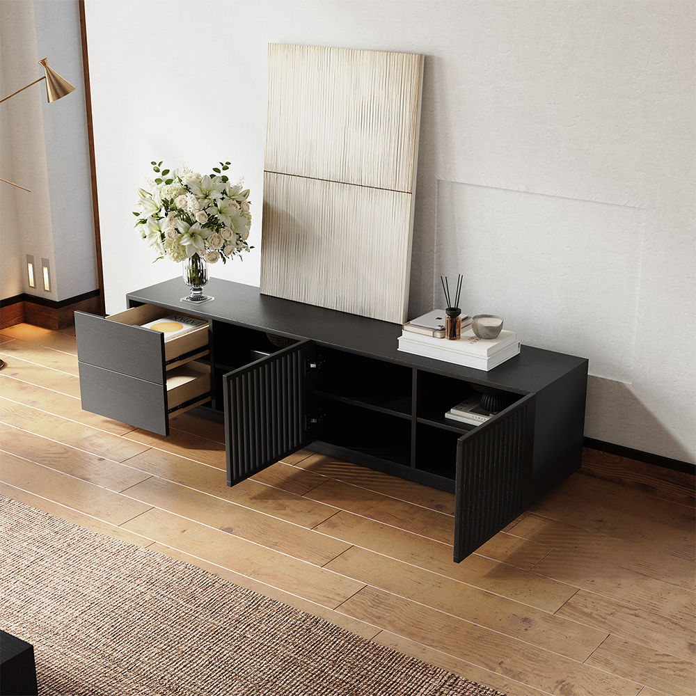 Slatted Design Black Plywood TV Stands