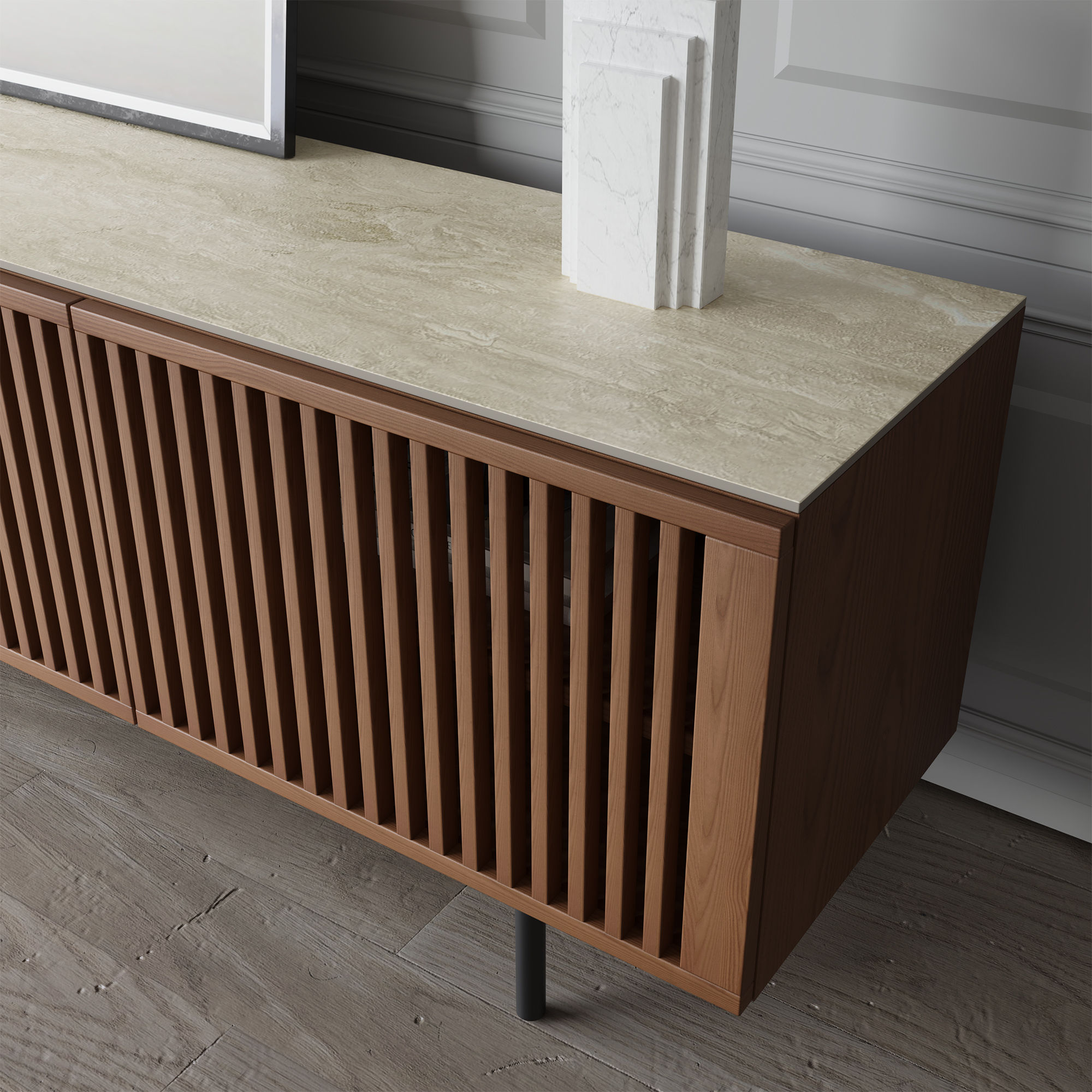 Slatted Design Walnut Color Plywood TV Stands