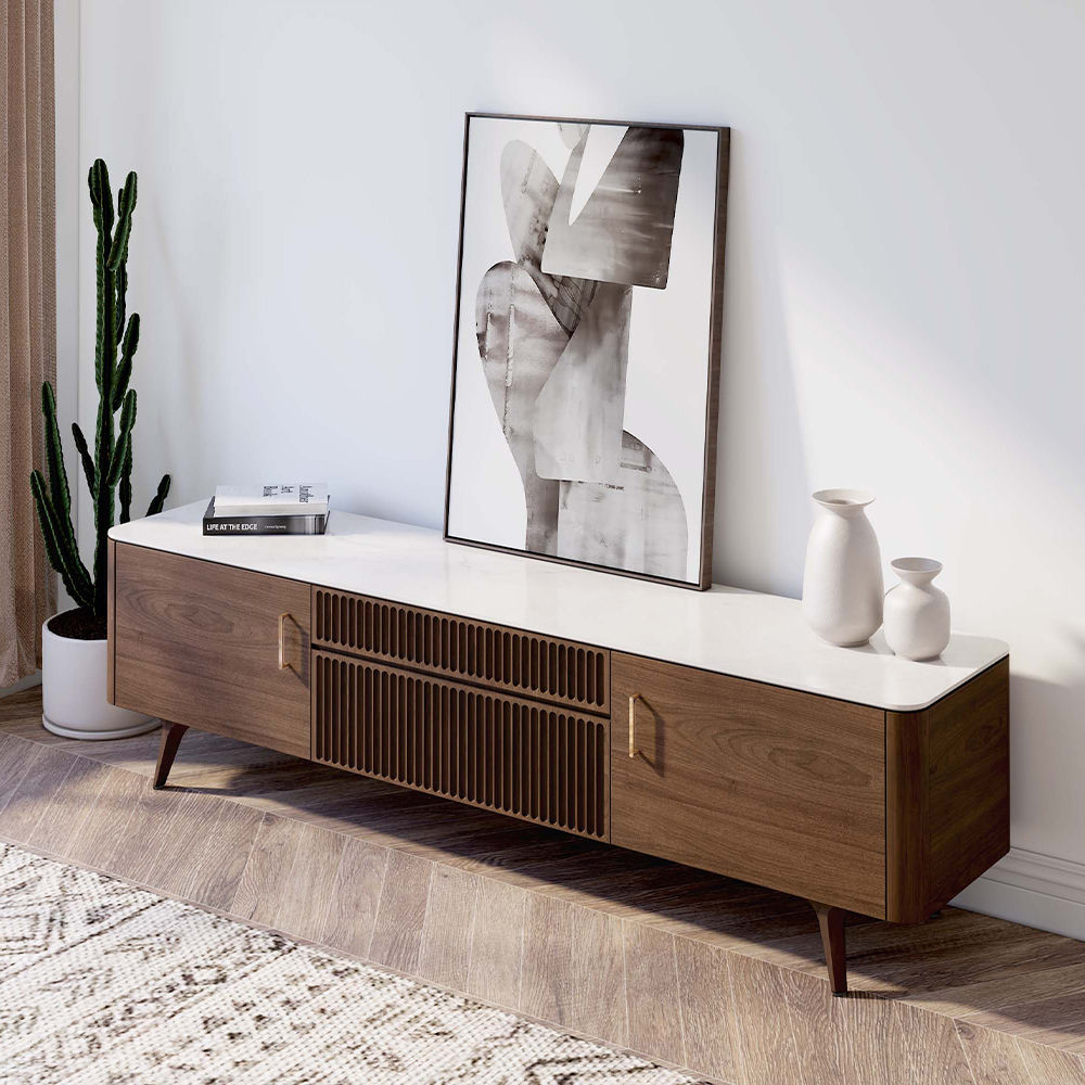 Slatted Design Dark Wood Plywood TV Stands