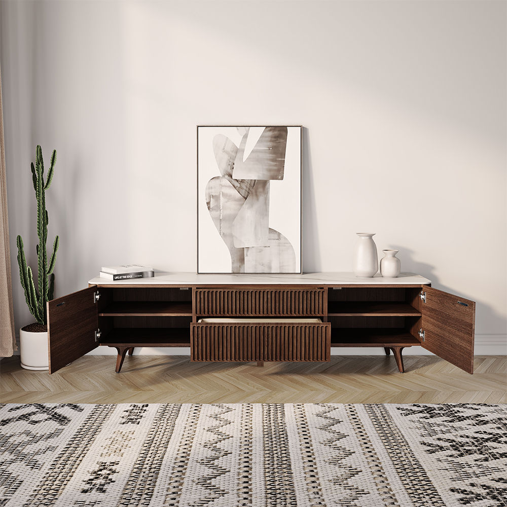 Slatted Design Dark Wood Plywood TV Stands