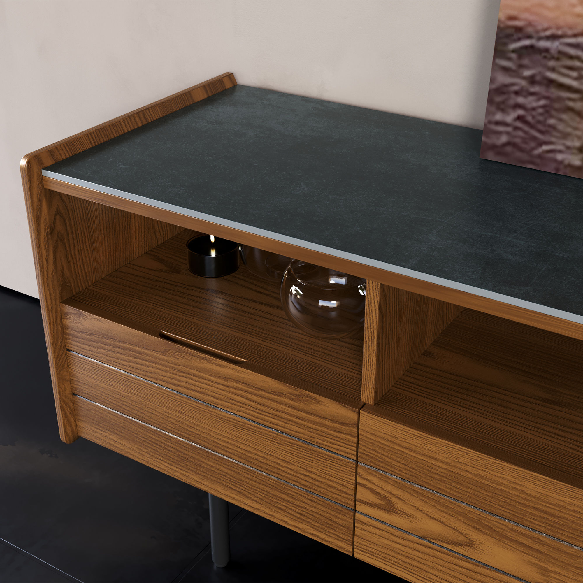 Partly Assemble Walnut & Black Sintered Stone TV Stands