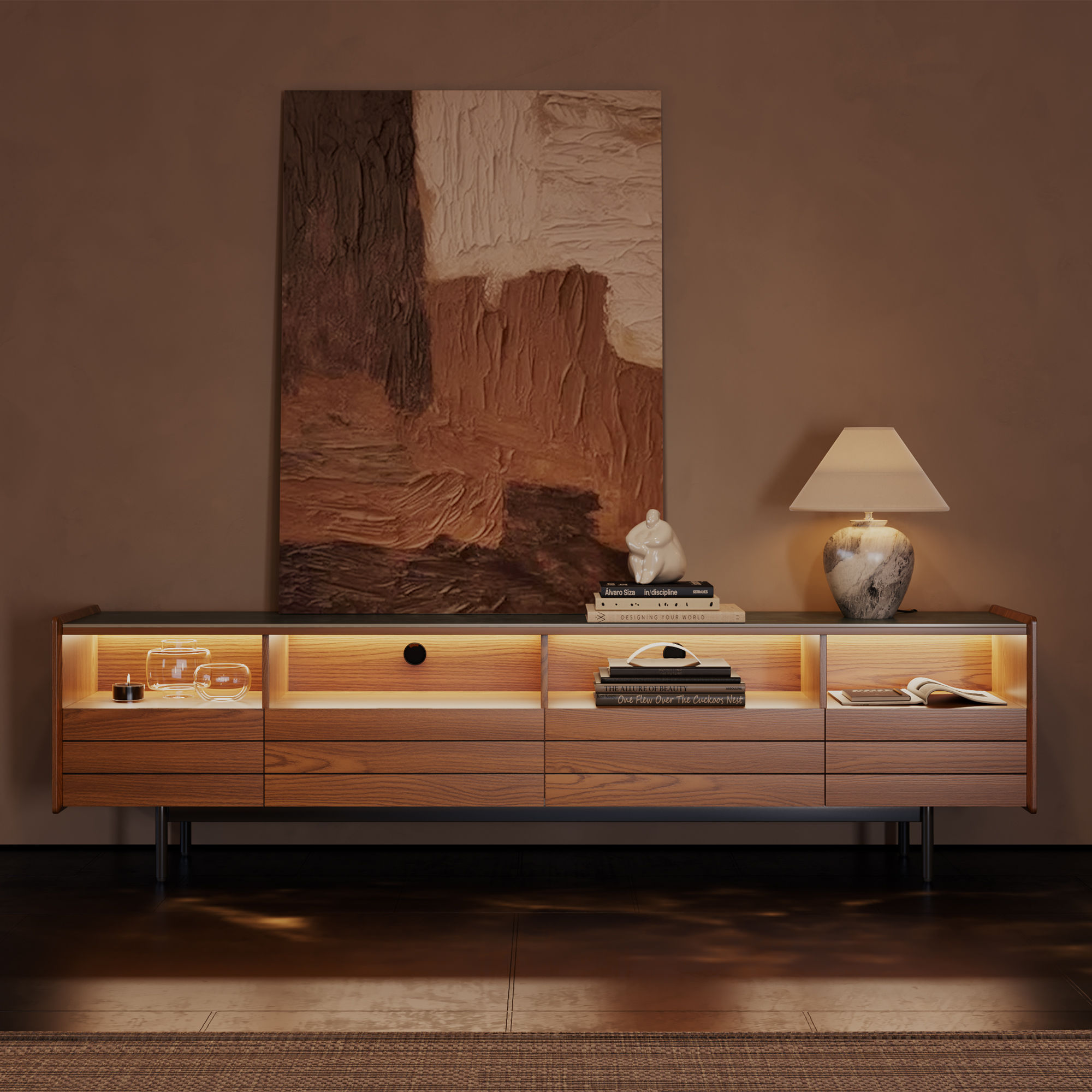 Mid Century Modern Walnut & Black Sintered Stone TV Stands