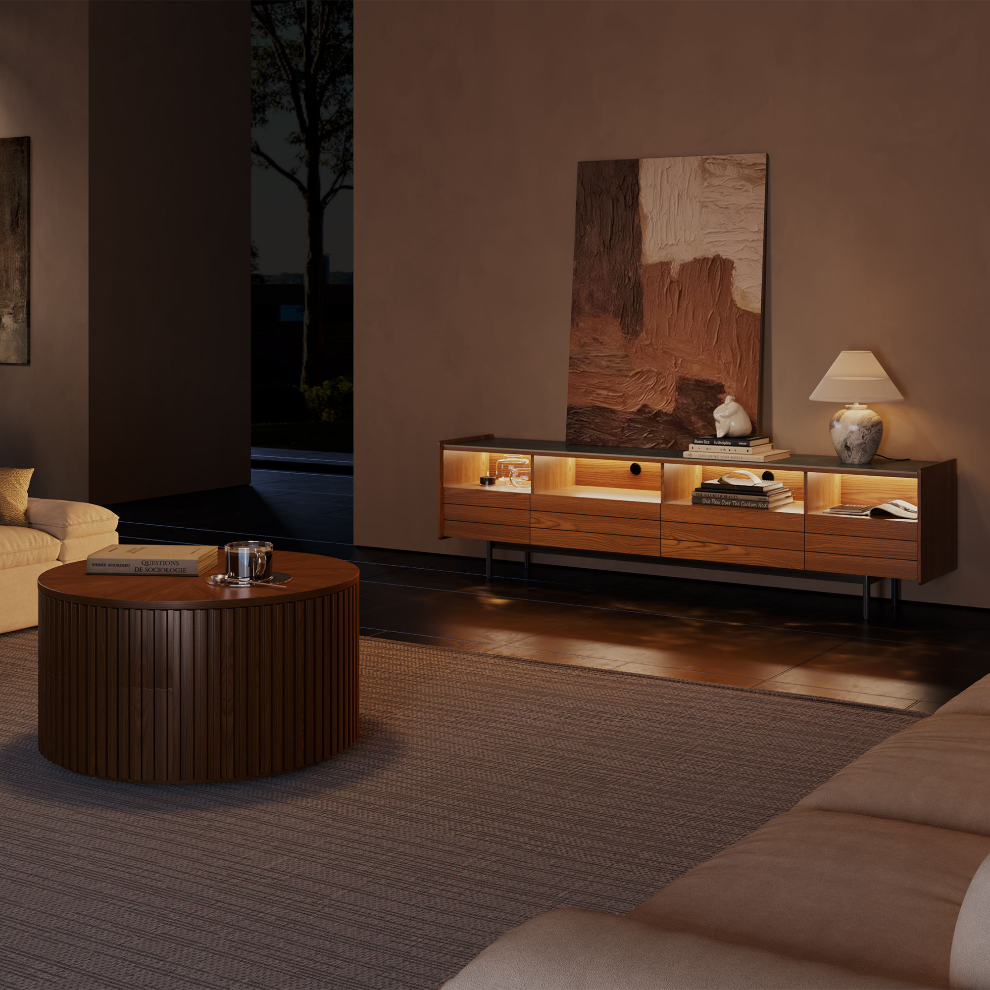 Partly Assemble Walnut & Black Sintered Stone TV Stands