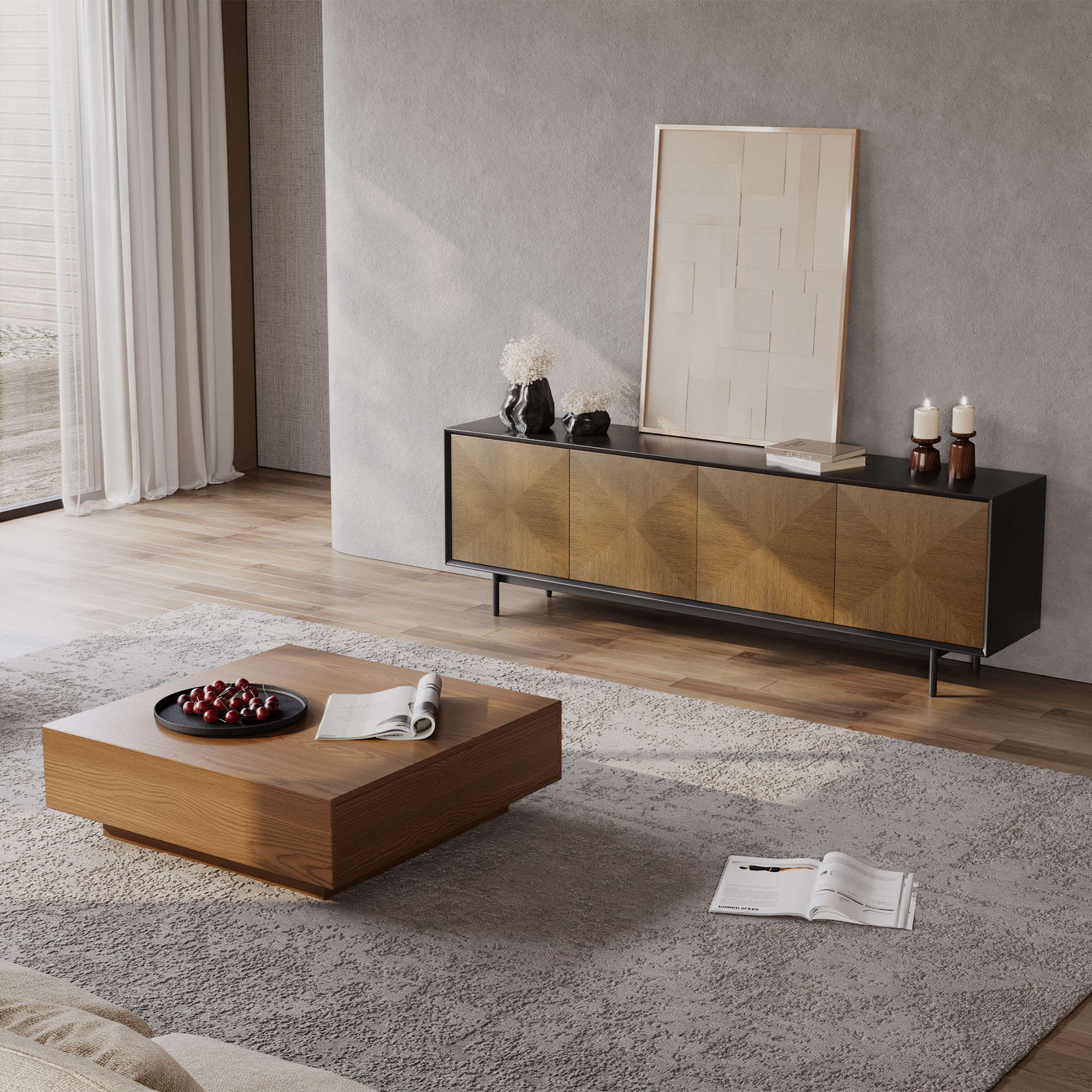Floor TV Stand Walnut & Black TV Stands
