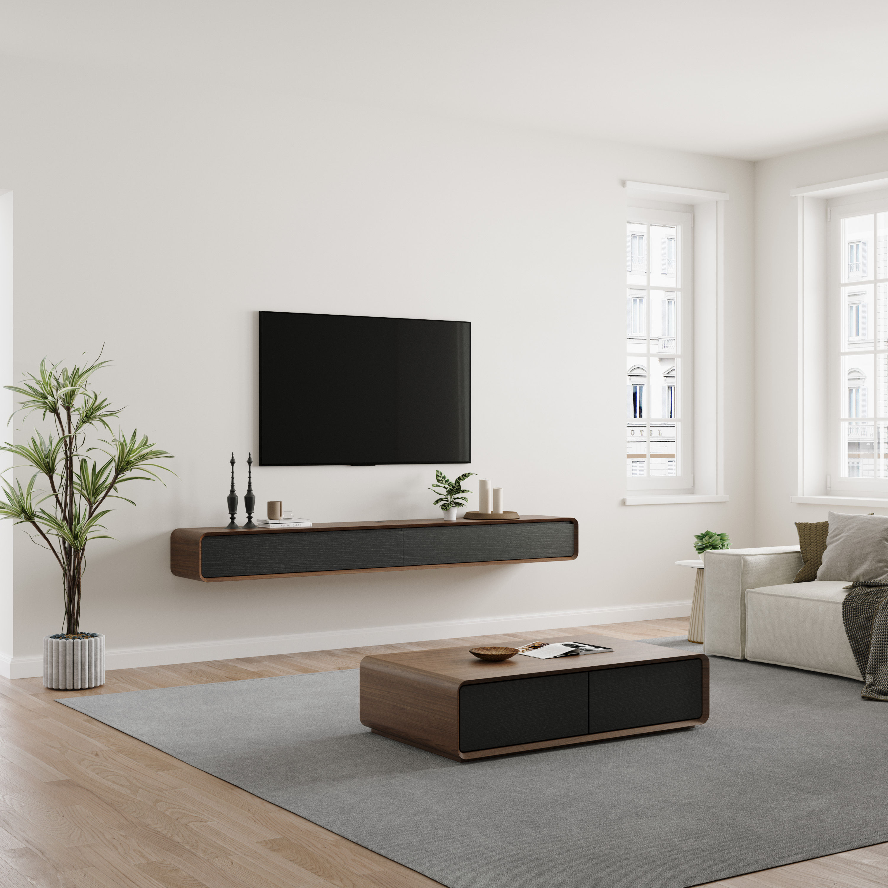 Floating Dark Wood & Black MDF TV Stands