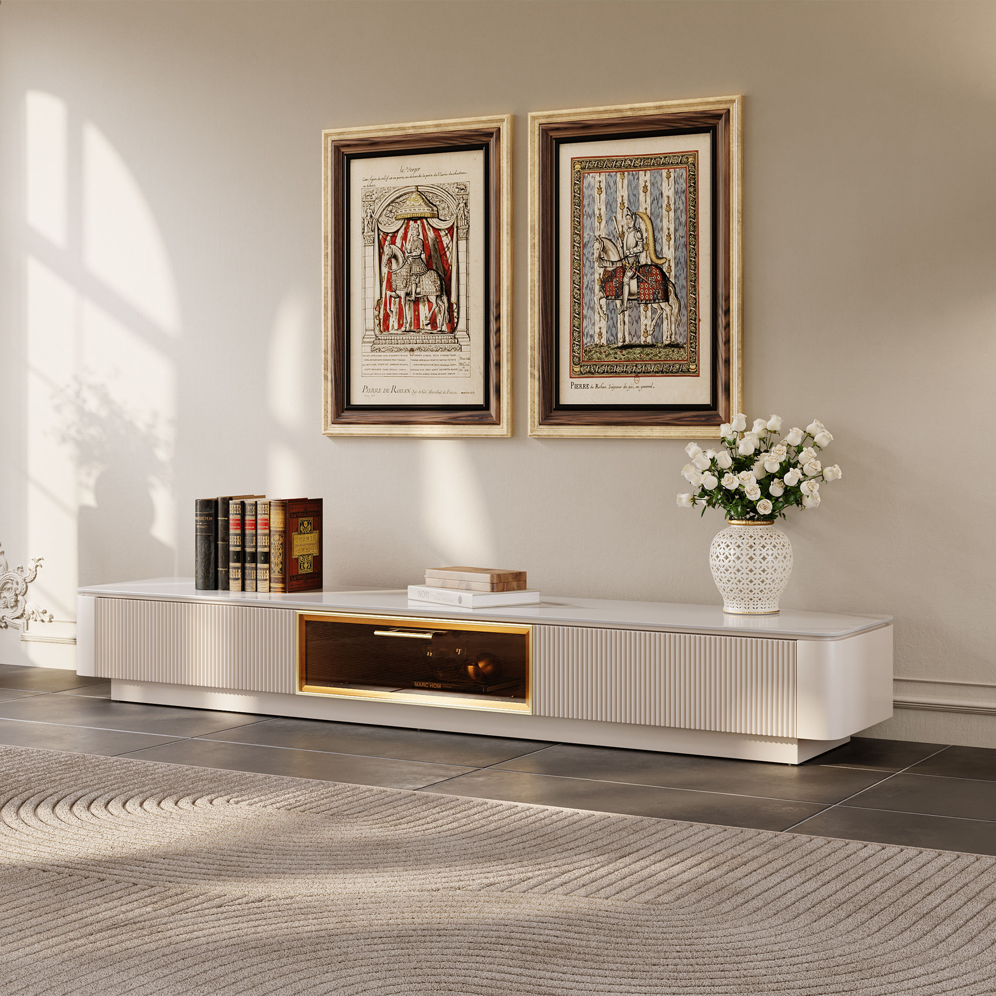 Floating Beige Glossy Sintered Stone TV Stands