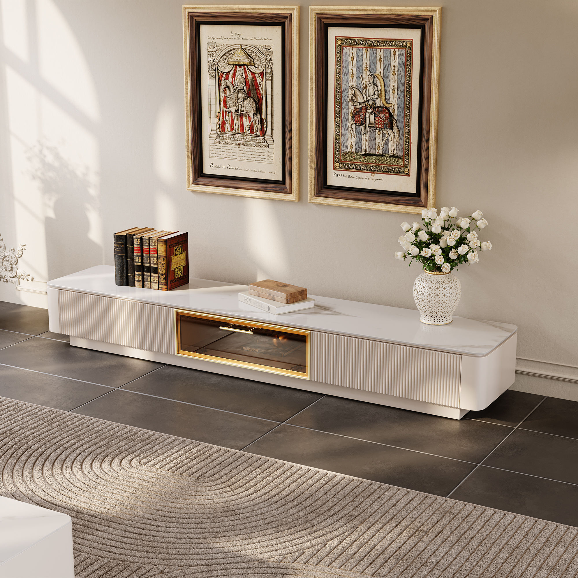 Modern Minimalist Beige Glossy Sintered Stone TV Stands