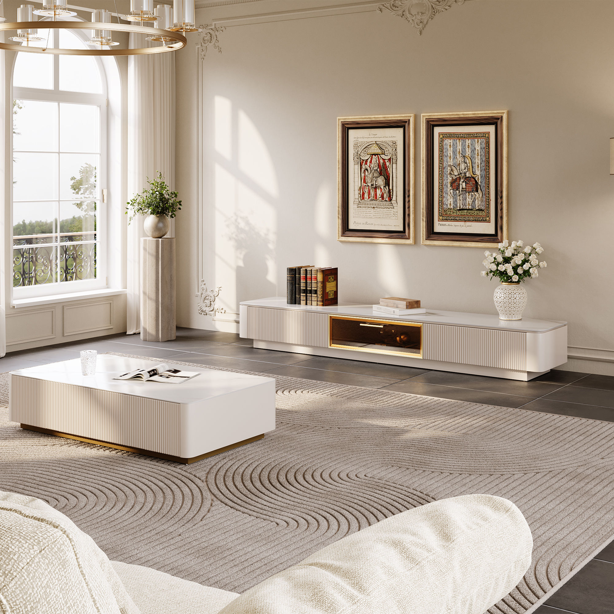 Modern Minimalist Beige Glossy Sintered Stone TV Stands