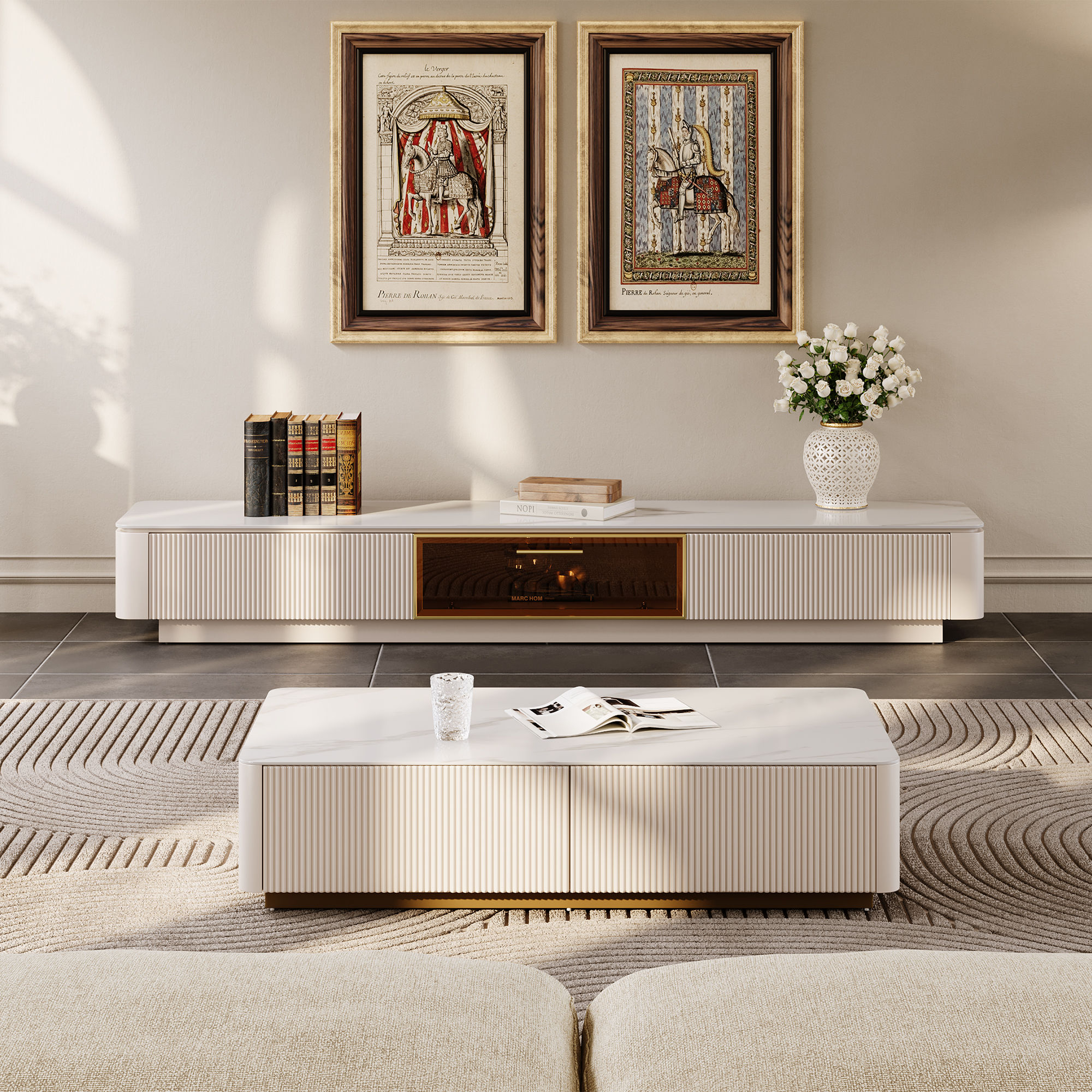 Floating Beige Glossy Sintered Stone TV Stands