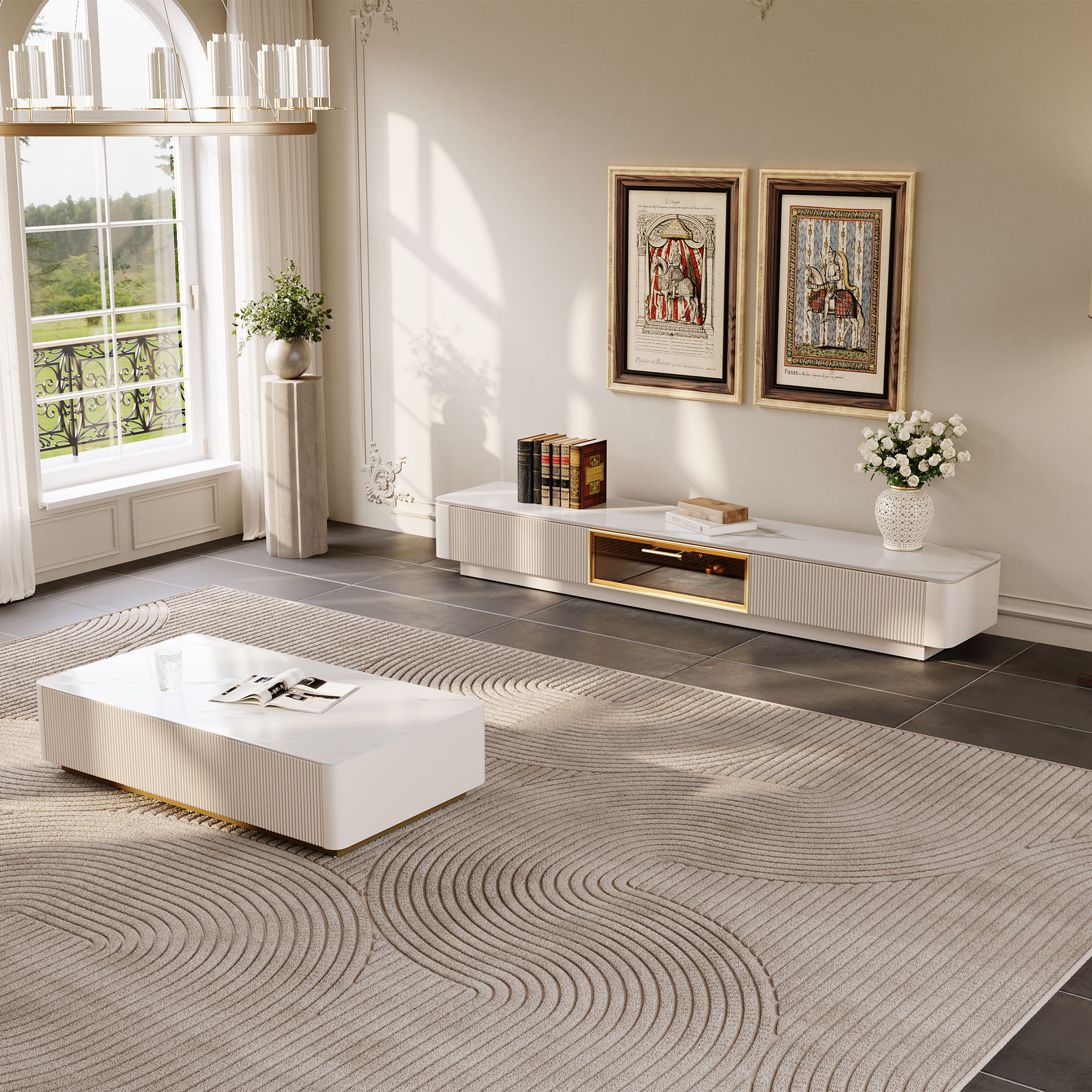 Modern Minimalist Beige Glossy Sintered Stone TV Stands