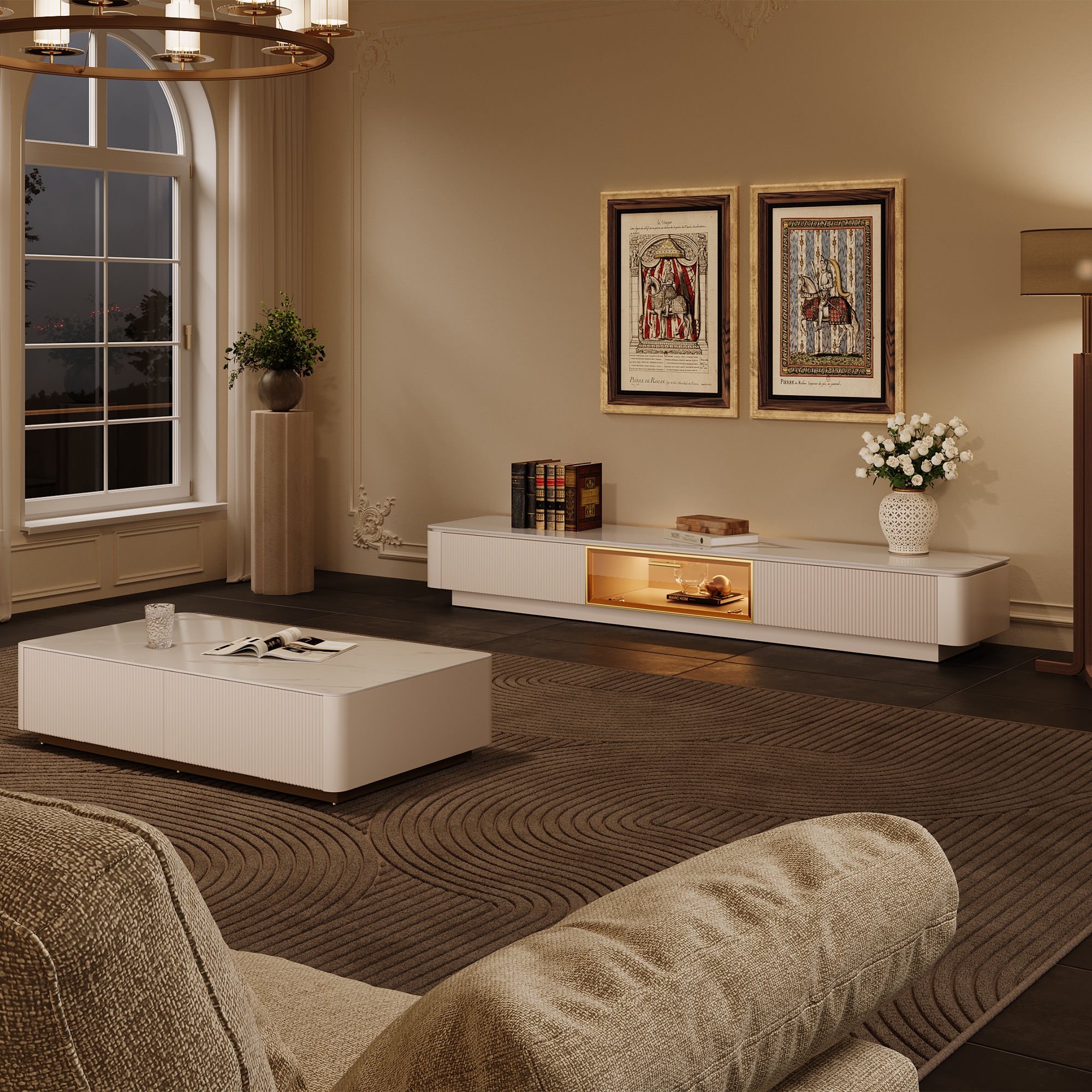 Floating Beige Glossy Sintered Stone TV Stands