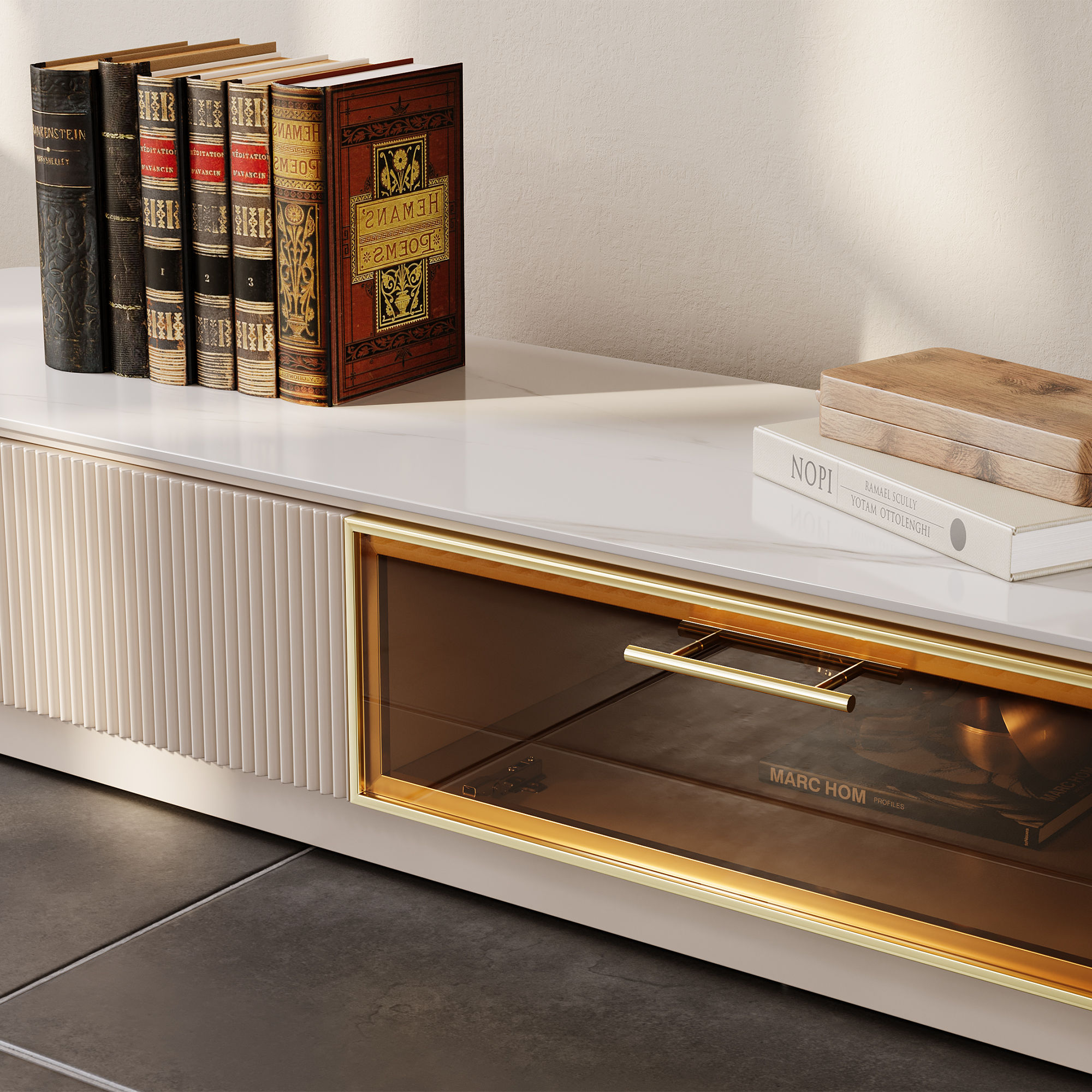 Modern Minimalist Beige Glossy Sintered Stone TV Stands