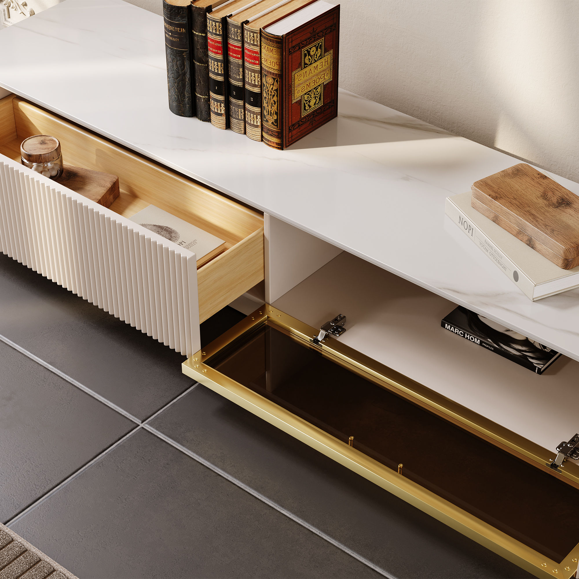 Partly Assemble Beige Glossy Sintered Stone TV Stands