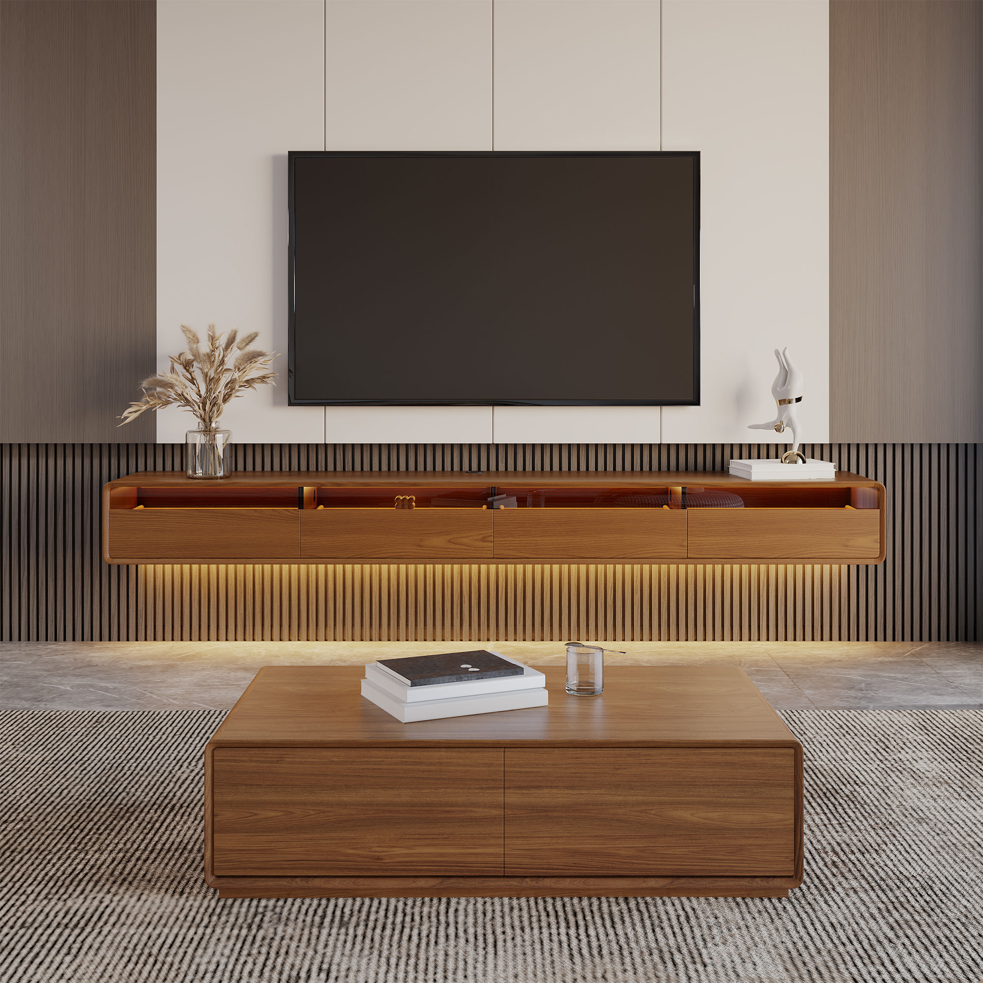 Floating Walnut Color MDF TV Stands