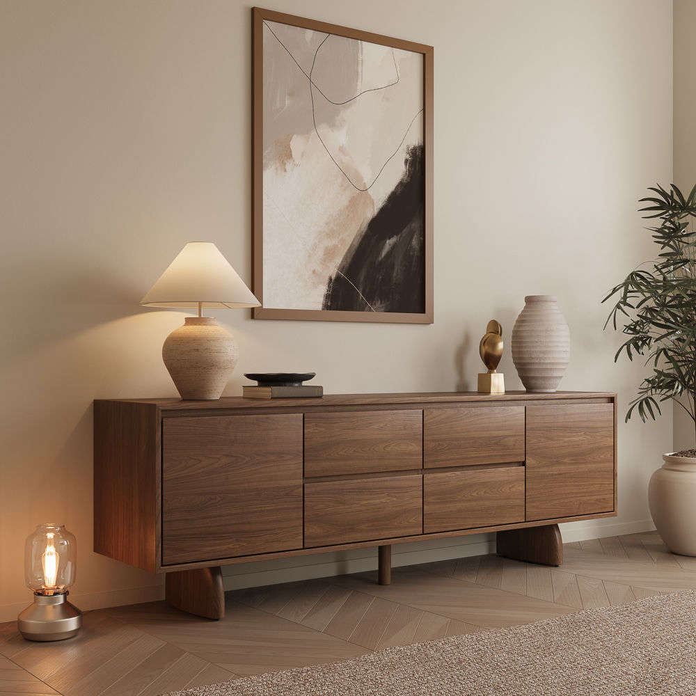 Solid Wood Leg Walnut Color MDF TV Stands