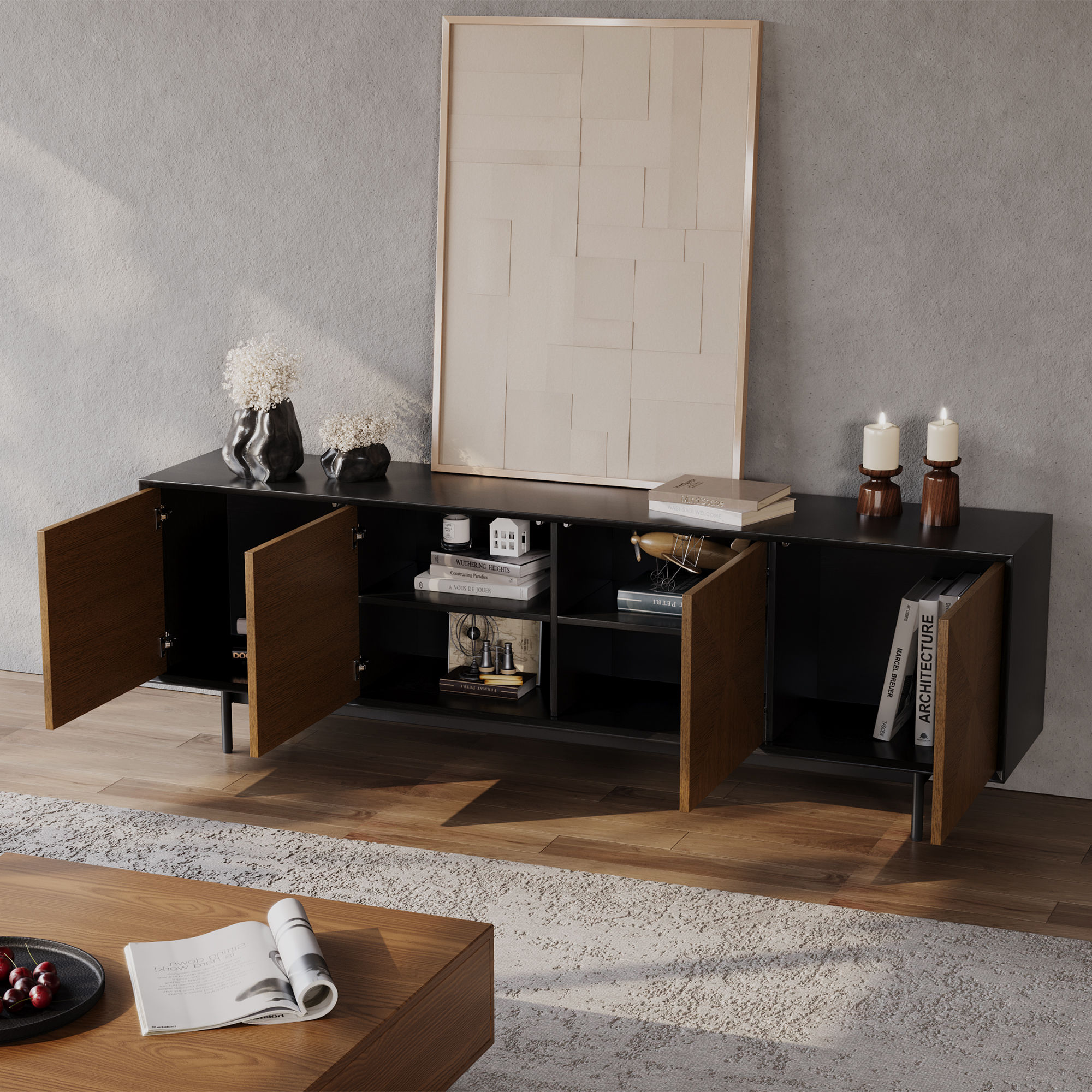 Partly Assemble Walnut & Black MDF TV Stands