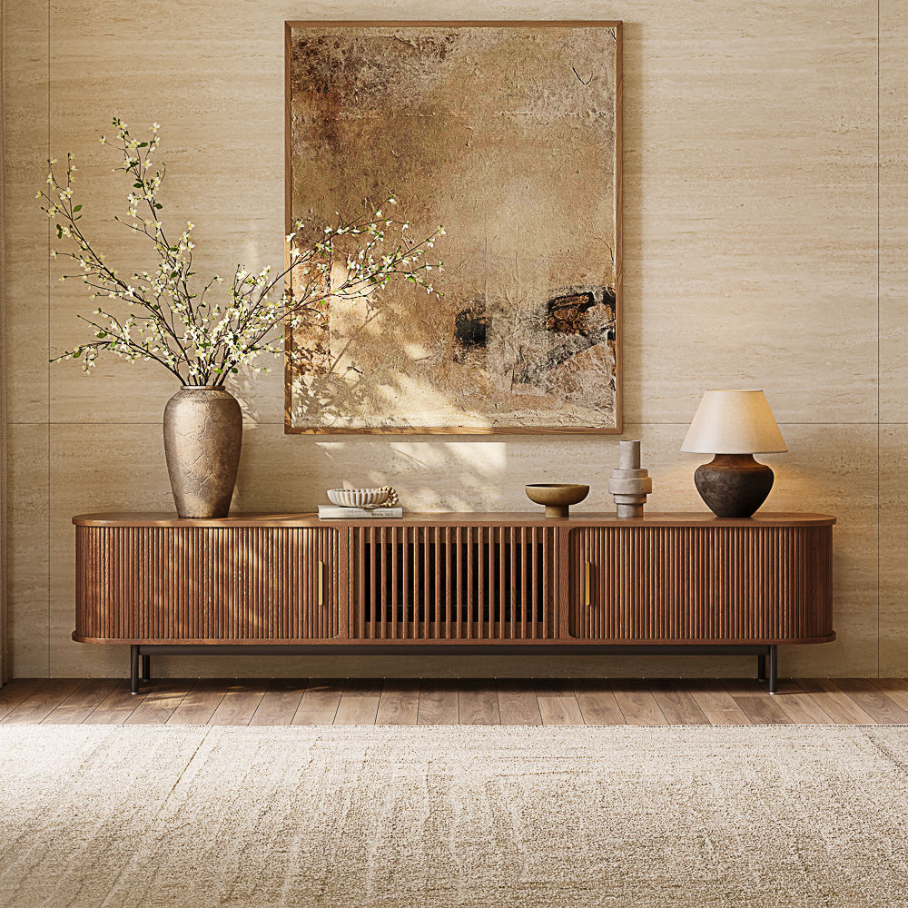 with Cabinets Walnut Color Red Oak Wood TV Stands