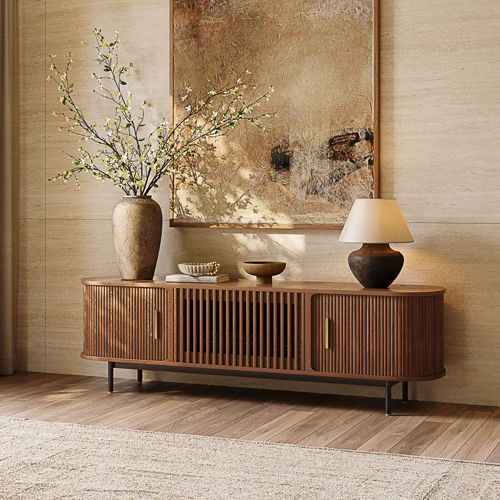 with Storage Walnut Color Red Oak Wood TV Stands