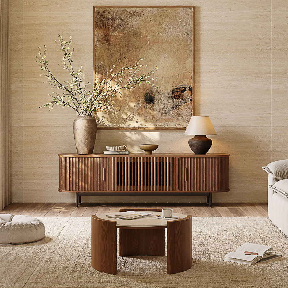 Carbon Steel Walnut Color Red Oak Wood TV Stands