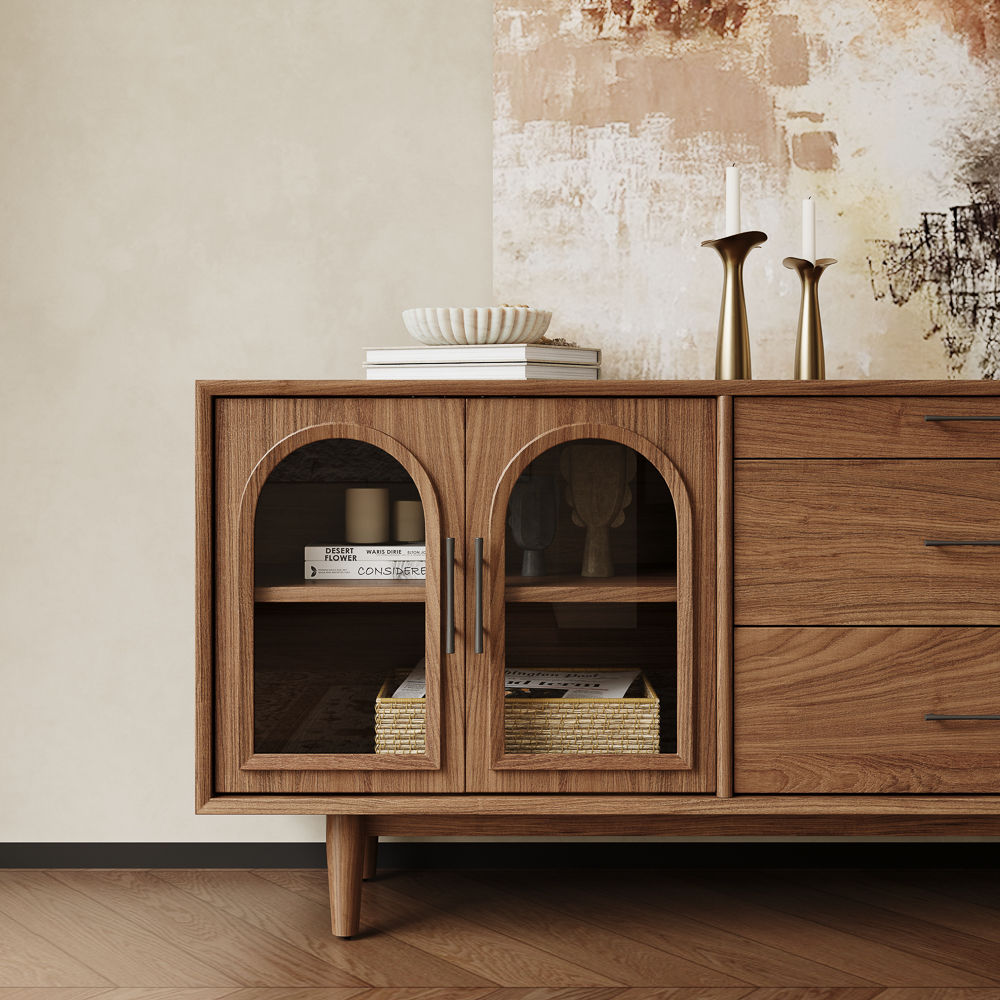 Solid Wood Leg Walnut Color Engineered Wood TV Stands