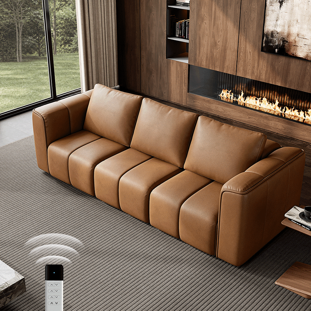 Brown leather power sofa bed with adjustable reclining seats in a modern living room.