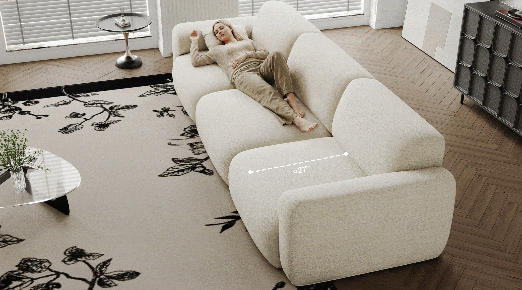 White power sofa bed with extended chaise and reclining function for comfortable lounging.
