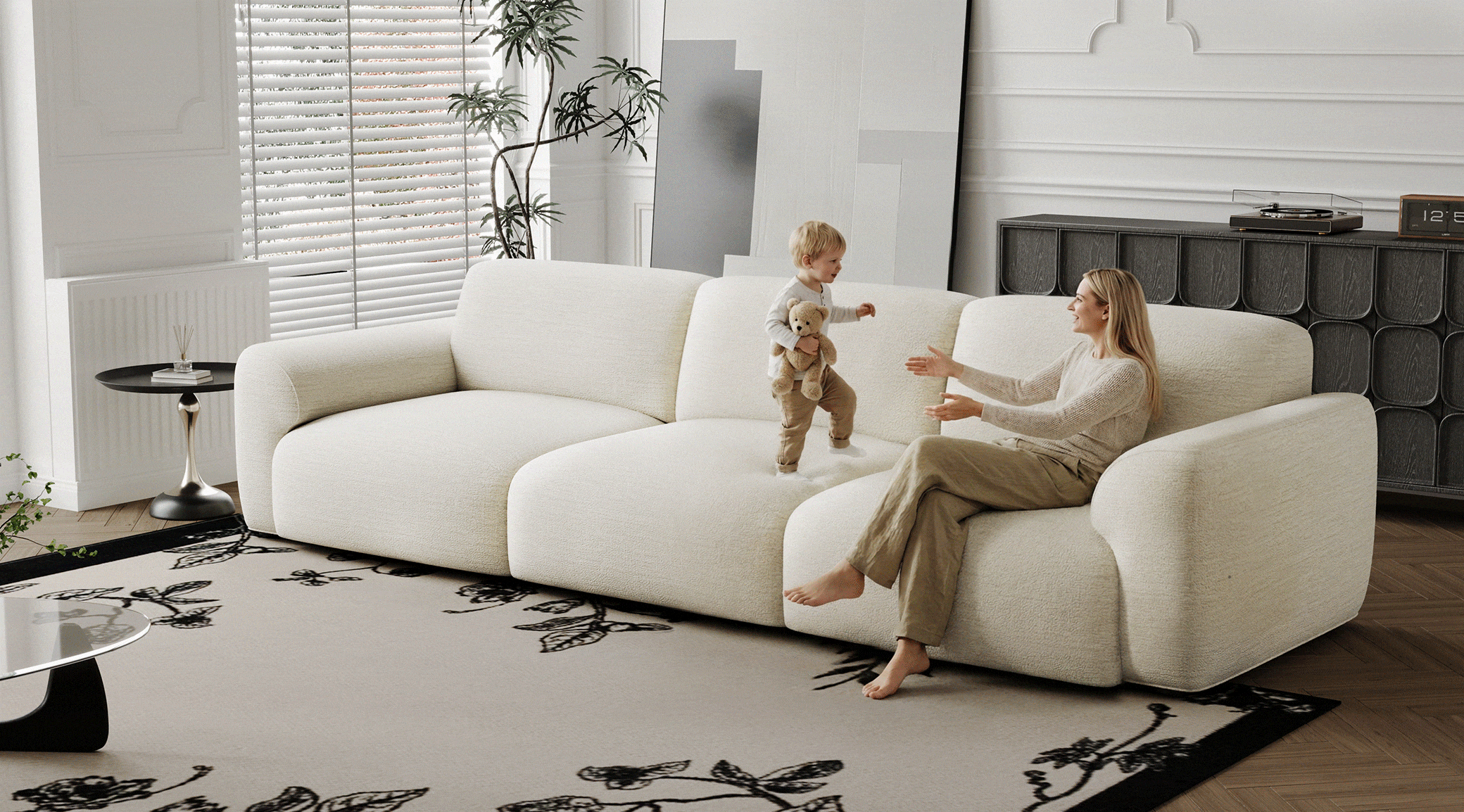 White extendable couch shown in different lounging scenes with family and couple in a modern living room.