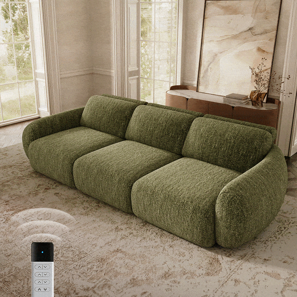 Green fabric king sleeper sofa with power adjustment remote in a modern living room.
