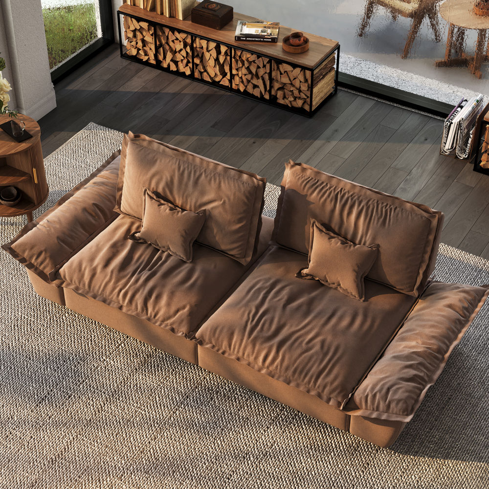 Wood Brown Suede Fabric Modular Sofas