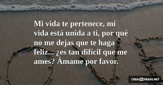 Mi vida te pertenece, mi vida está unida a ti, por qué no me dejas que te haga feliz... ¿es tan difícil que me ames? Ámame por favor.
