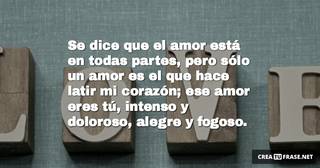 Se dice que el amor está en todas partes, pero sólo un amor es el que hace latir mi corazón; ese amor eres tú, intenso y doloroso, alegre y fogoso.