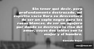 Sin tener qué decir, pero profundamente destrozado, mi espíritu vacío llora su desventura de ser un soplo negro para las rosas blancas, de ser un agujero por donde se destruye la risa del amor, cuyos dos labios son la mujer y el hombre.