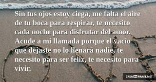 Sin tus ojos estoy ciega, me falta el aire de tu boca para respirar, te necesito cada noche para disfrutar del amor. Acude a mi llamada porque el vacío que dejaste no lo llenará nadie, te necesito para ser feliz, te necesito para vivir.
