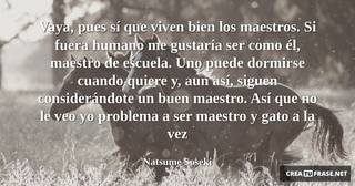 Vaya, pues sí que viven bien los maestros. Si fuera humano me gustaría ser como él, maestro de escuela. Uno puede dormirse cuando quiere y, aun así, siguen considerándote un buen maestro. Así que no le veo yo problema a ser maestro y gato a la vez