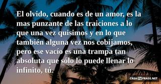 El olvido, cuando es de un amor, es la mas punzante de las traiciones a lo que una vez quisimos y en lo que también alguna vez nos cobijamos, pero ese vacío es una trampa tan absoluta que sólo lo puede llenar lo infinito, tú.