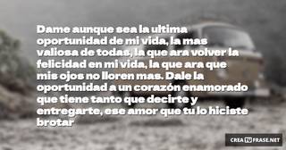 Dame aunque sea la ultima oportunidad de mi vida, la mas valiosa de todas, la que ara volver la felicidad en mi vida, la que ara que mis ojos no lloren mas. Dale la oportunidad a un corazón enamorado que tiene tanto que decirte y entregarte, ese amor que tu lo hiciste brotar