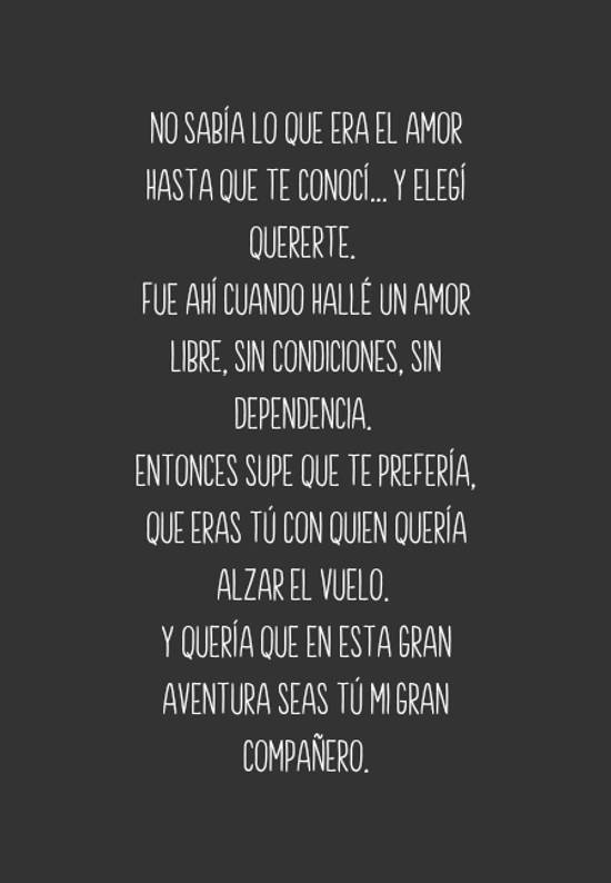 Crea Tu Frase No Sabia Lo Que Era El Amor Hasta Que Te Conoci Y Elegi Quererte Fue Ahi Cuando Halle Un Amor Libre Sin Condiciones Sin Dependencia Entonces Supe Que