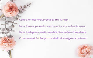 Como la flor más sencilla y bella, así eres tu Mujer Como el lucero que alumbra nuestro camino en la noche más oscura Como el sol que nos da calor, cuando la nieve nos ha enfriado el alma Como un rayo de luz de esperanza, dentro de un agujero de pesimismo.