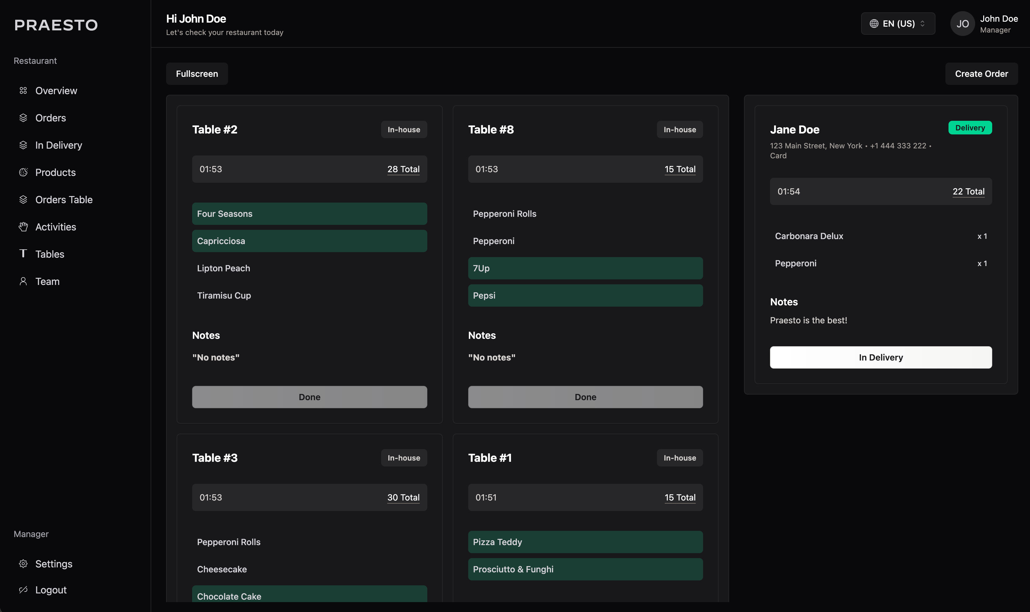 Praesto restaurant dashboard showing live QR orders and table management