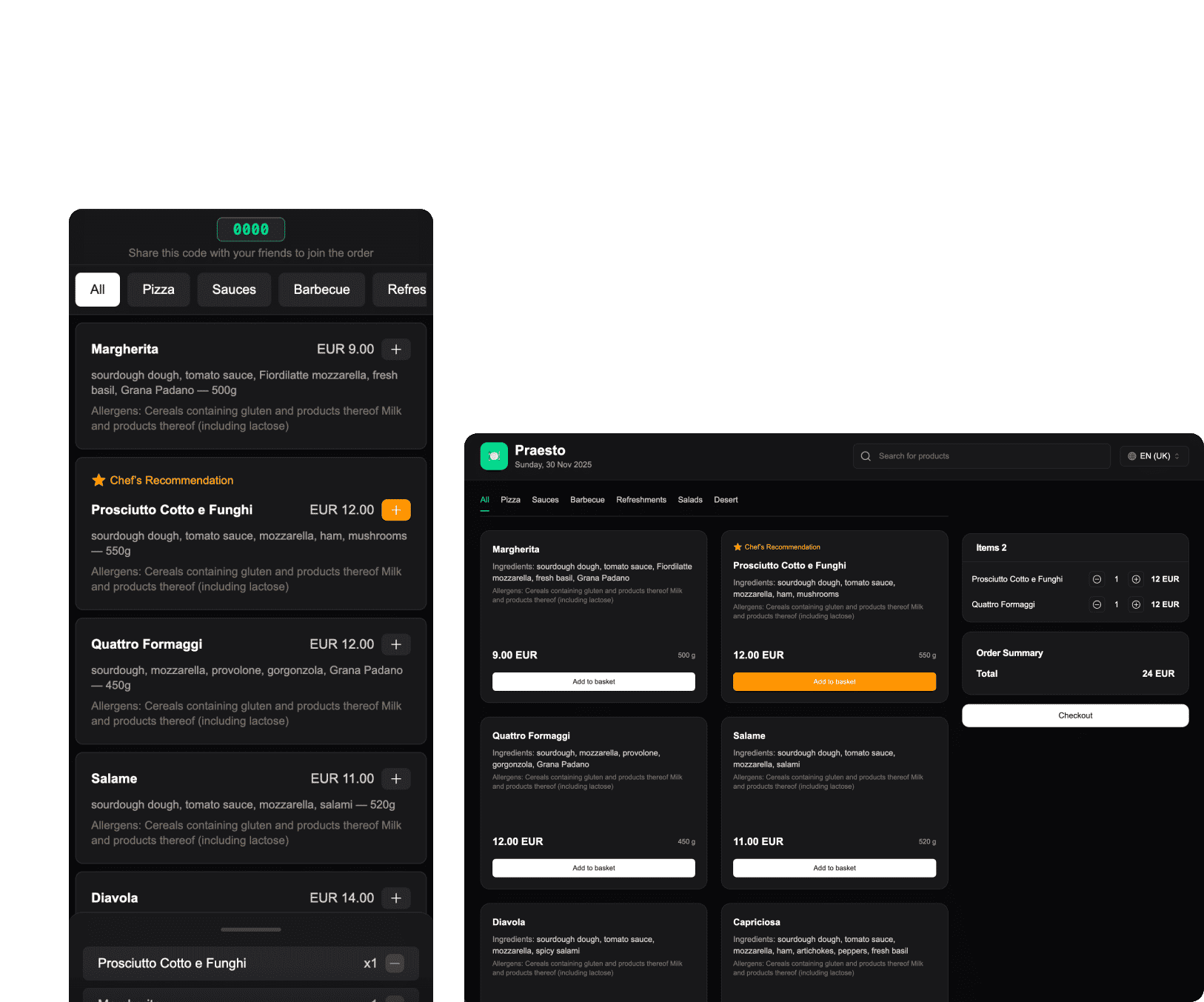 QR ordering system interface for restaurants