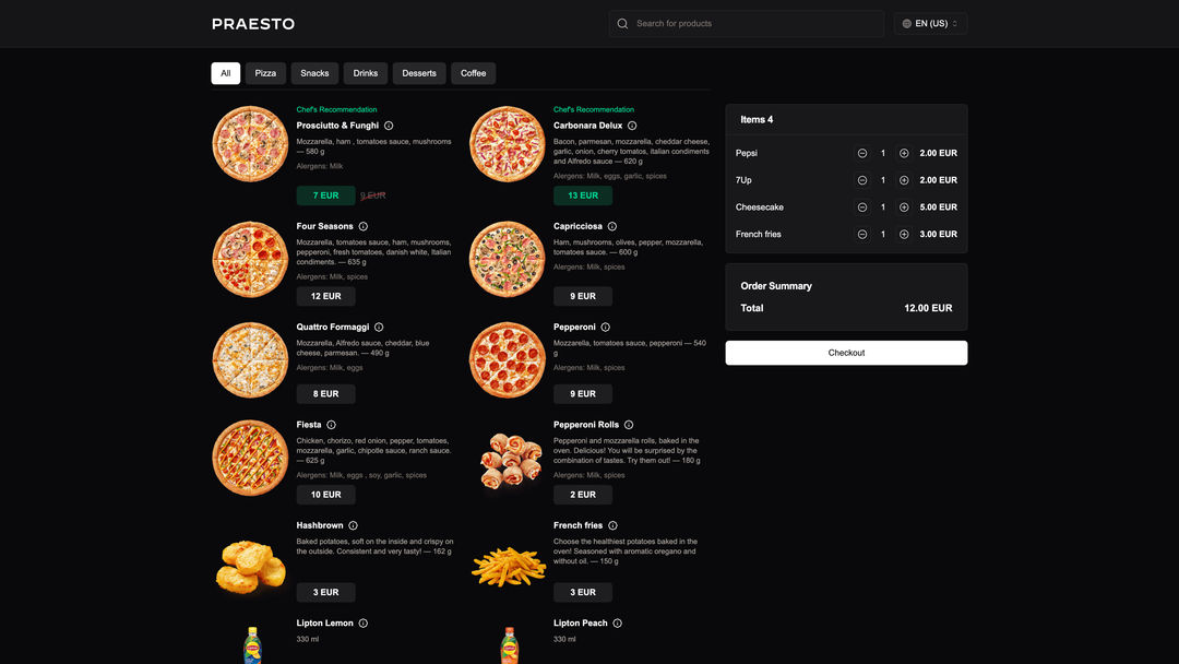 Praesto delivery website on phone and desktop, showing a restaurant menu and basket