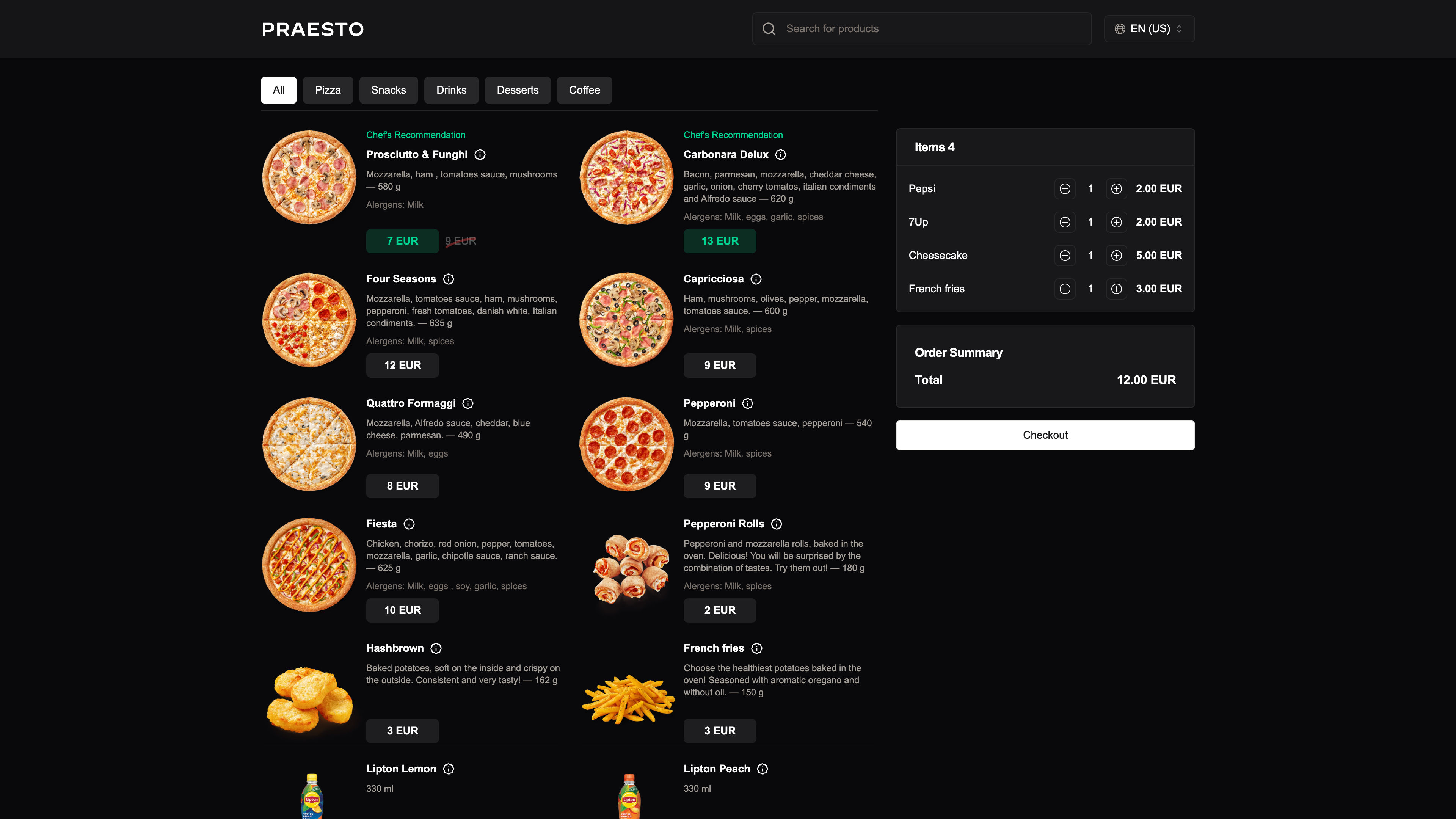 Praesto delivery website mobile view showing restaurant menu and ordering interface